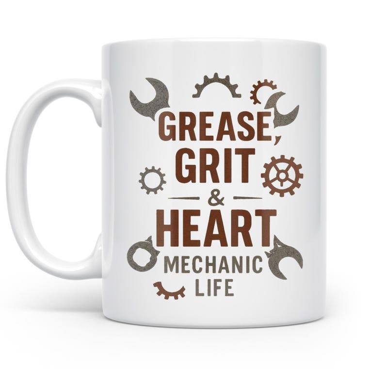 Tailorly White Ceramic 11 oz Mug - Grease Grit Heart Mechanic Life Industrial Gears And Wrench Tools Floating Around Vintage Inspired Mechanic Tool