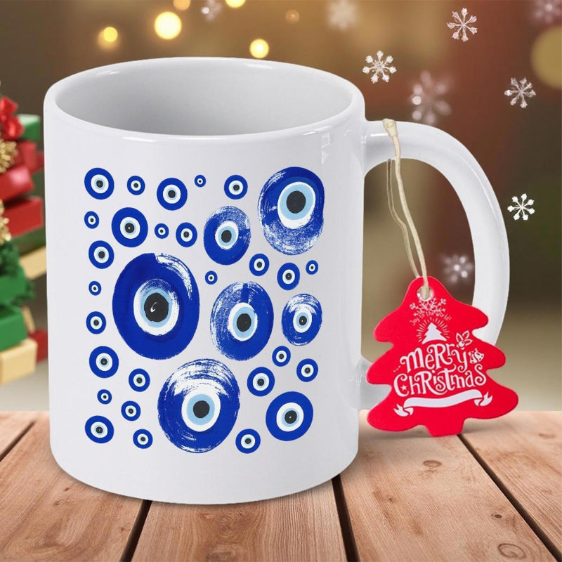 Tailorly White Ceramic 11 oz Mug - Merry Christmas Blue And White Nazar Symbols Scattered Over Ceramic Surface Mug