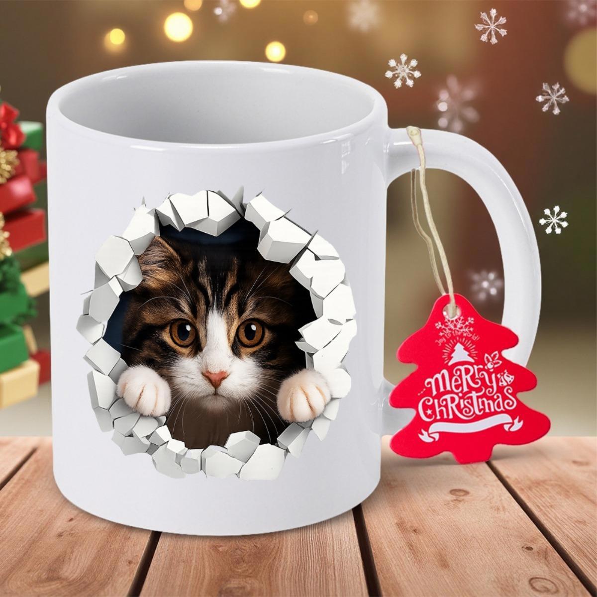 Tailorly White Ceramic 11 oz Mug - Merry Christmas Adorable Tabby Kitten Peeking Through A Realistic Cracked White Wall Cat