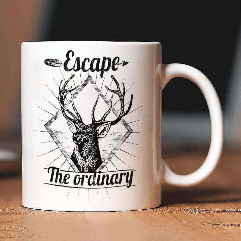 Tailorly White Ceramic 11 oz Mug - Escape The Ordinary Vintage Silhouette Within Diamond Frame Featuring Sunburst Arrows Buck