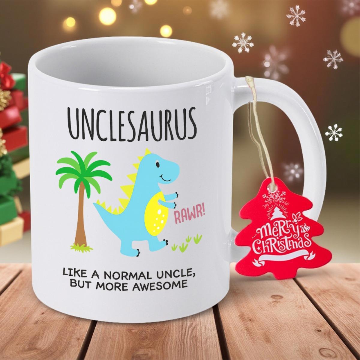 Tailorly White Ceramic 11 oz Mug - Unclesaurus Like A Normal Uncle But More Awesome Rawr Cute Blue Dinosaur Standing By A Tropical Green Palm Tree Dinosaur