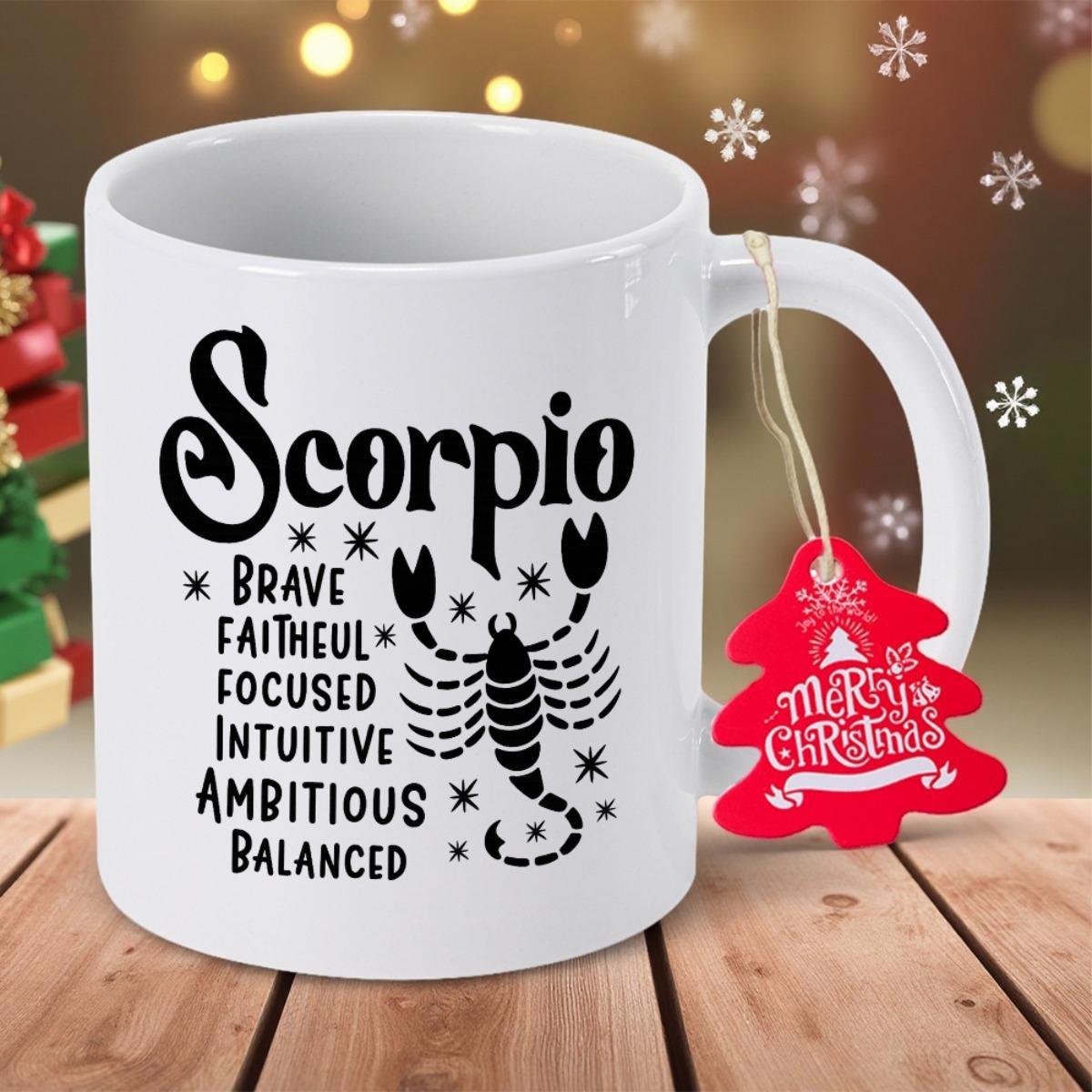 Tailorly White Ceramic 11 oz Mug - Scorpio Brave Faithful Focused Intuitive Ambitious Balanced Intricate Stylized Zodiac Design Surrounded By Tiny Twinkling