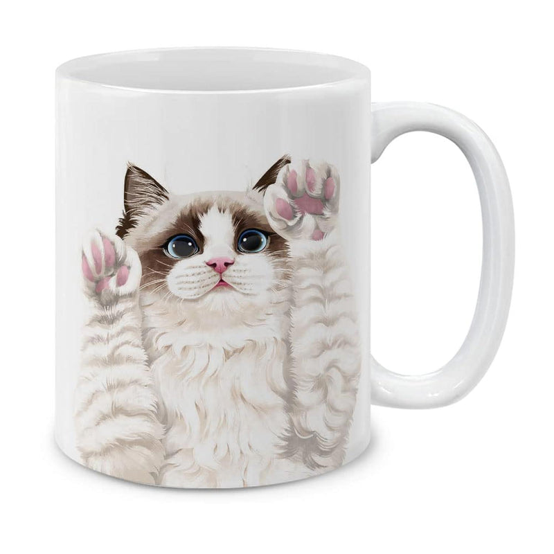 Tailorly White Ceramic 11 oz Mug - Adorable Fluffy Ragdoll Kitten Reaching Up With Pink Paws Cat
