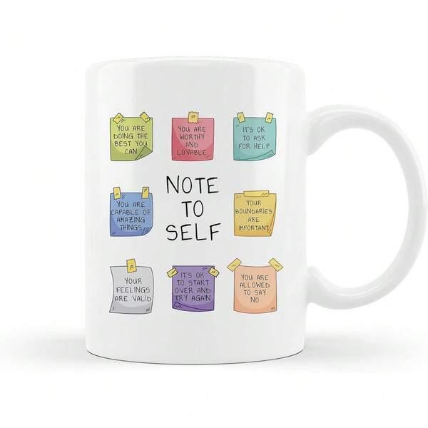 Tailorly White Ceramic 11 oz Mug - Note To Self Colorful Sticky Notes Featuring Inspirational Quotes Arranged In Balanced Grid Illustration