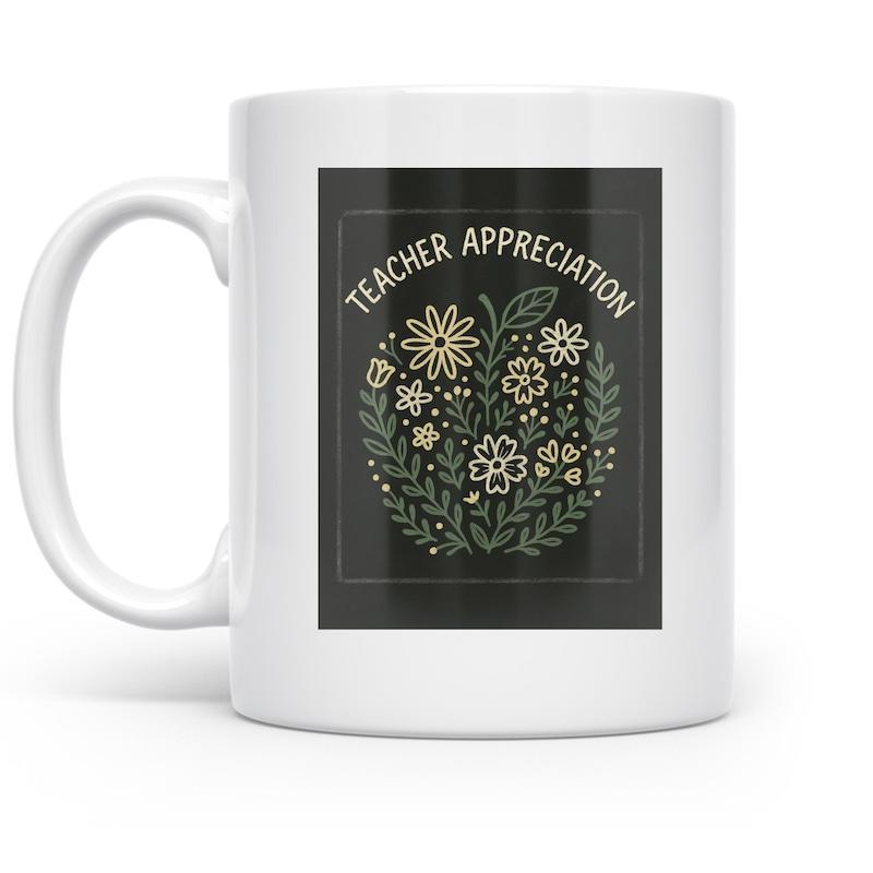 Tailorly White Ceramic 11 oz Mug - Teacher Appreciation Artistic Garden With Delicate Leaves And Blooming Wildflowers Among Folk Style Flower