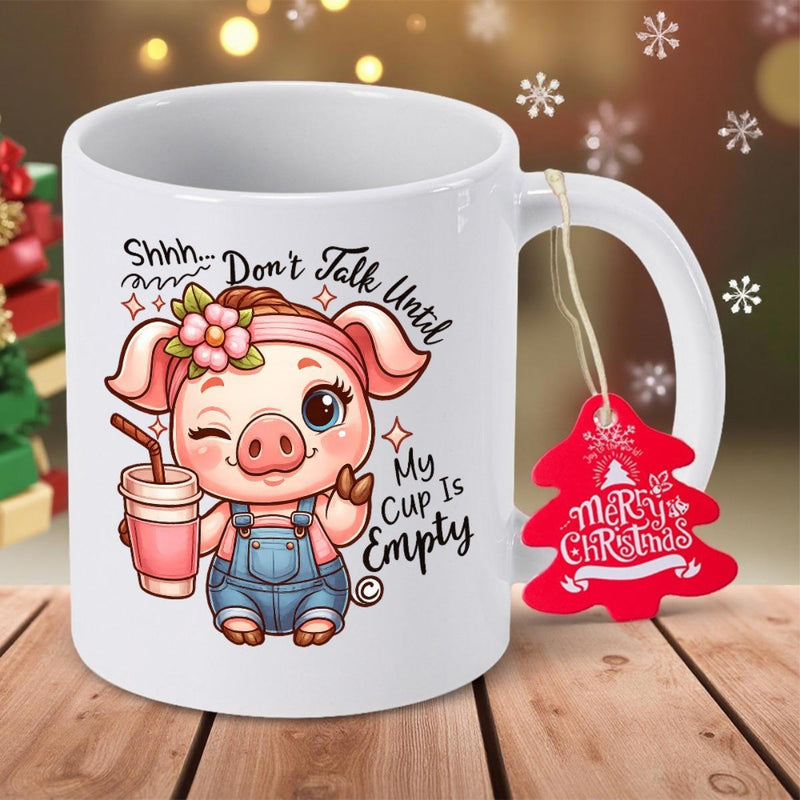 Tailorly White Ceramic 11 oz Mug - Shhh Don T Talk Until My Cup Is Empty Adorable Stylized Animal Wearing Denim Overalls With A Flower Headband Holding Drink Pig