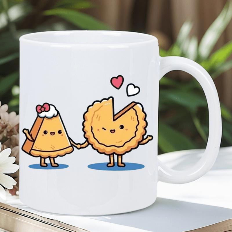 Tailorly White Ceramic 11 oz Mug - Adorable Cartoon Pie Characters Holding Hands With Hearts Floating Above Pie