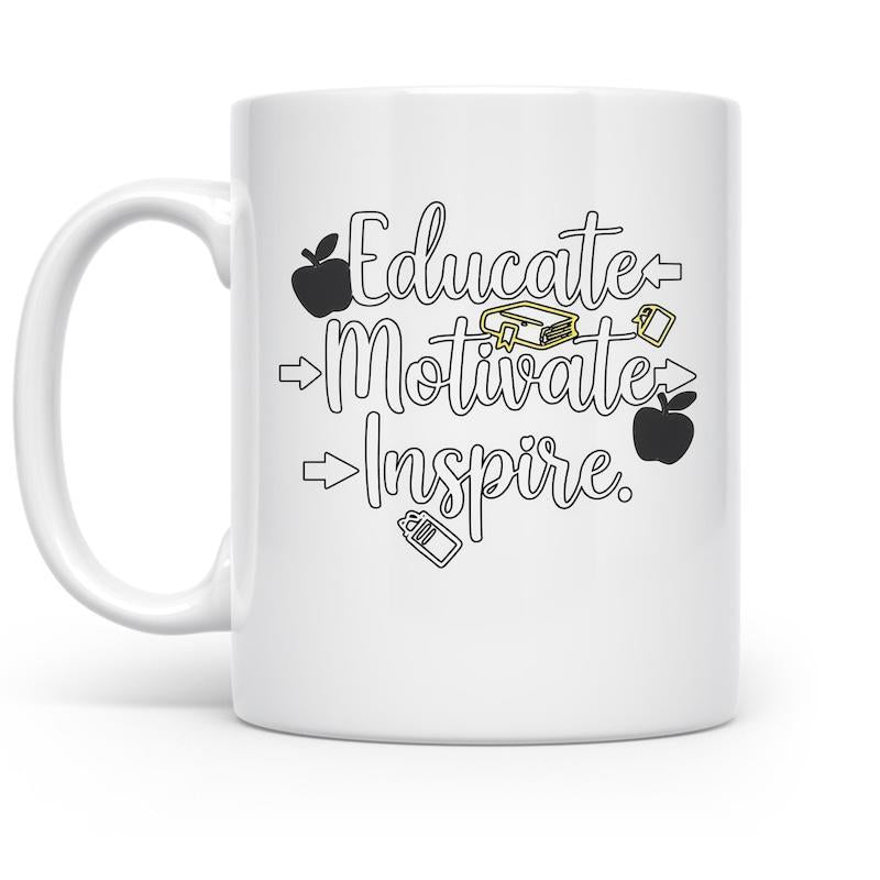 Tailorly White Ceramic 11 oz Mug - Educate Motivate Inspire Hand Drawn Educational Icons With Black Apples And Sharp Pencil Mug