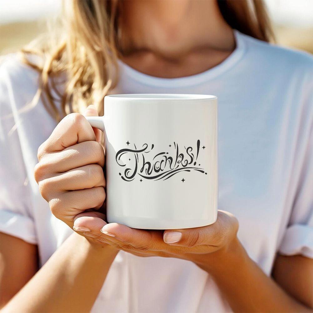 Tailorly White Ceramic 11 oz Mug - Thanks Minimalist White Ceramic Vessel Held By Hands Featuring Elegant Cursive Script Mug