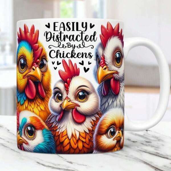 Tailorly White Ceramic 11 oz Mug - Easily Distracted By Chickens Vibrant Colorful Cartoon Farm Birds With Expressive Large Eyes And Hearts Chicken