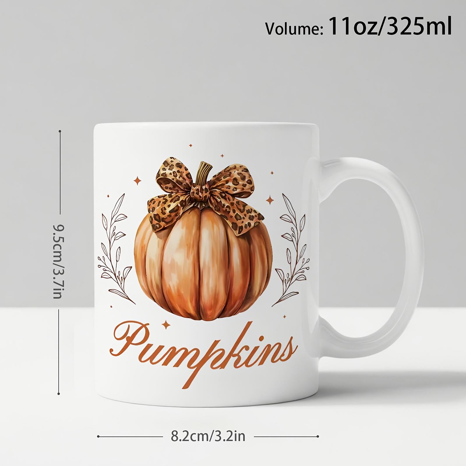 Tailorly White Ceramic 11 oz Mug - Pumpkins Rustic Autumn Watercolor Illustration With Leopard Pattern Ribbon Bow Pumpkin