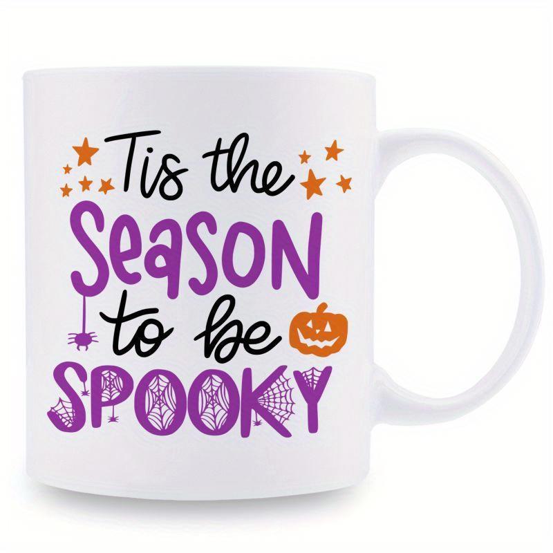 Tailorly White Ceramic 11 oz Mug - Tis The Season To Be Spooky Festive Orange Pumpkins With Hanging Spiders And Purple Spiderweb Stars Mug