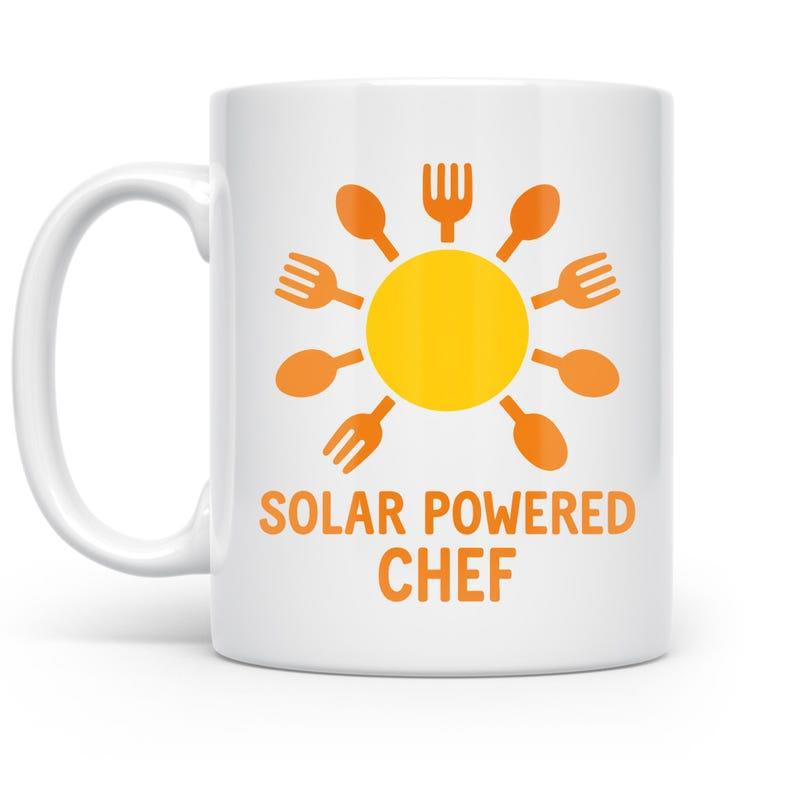 Tailorly White Ceramic 11 oz Mug - Solar Powered Chef Abstract Sun Pattern Created With Orange Kitchen Forks And Spoons Sun