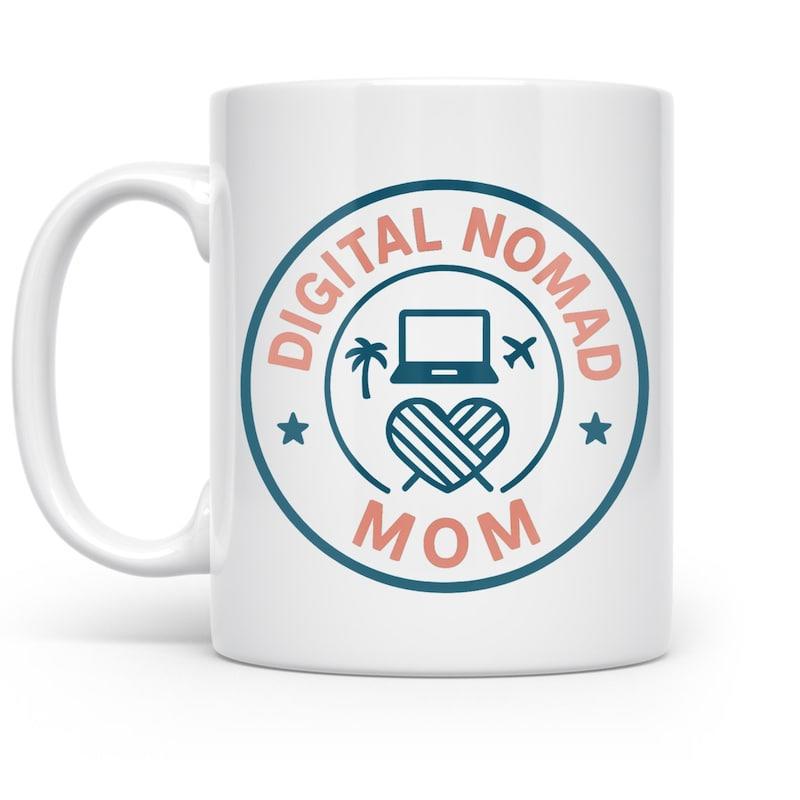 Tailorly White Ceramic 11 oz Mug - Digital Nomad Mom Modern Circular Frame Featuring Laptop With Tropical Palm And Airplane Sign