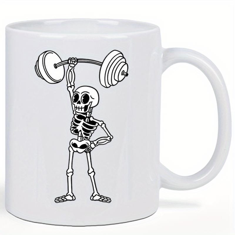 Tailorly White Ceramic 11 oz Mug - Playful Cartoon Human Figure Lifting Heavy Iron Barbell Weights With Single Arm Skeleton