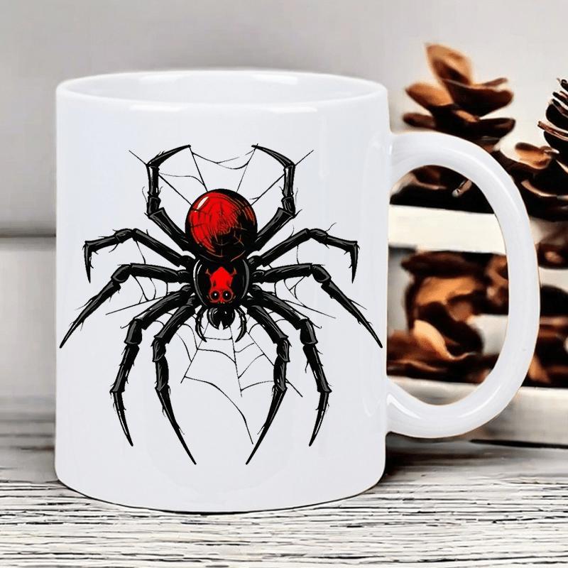 Tailorly White Ceramic 11 oz Mug - Creepy Black Spider With Red Back Crawling On Delicate White Web Spider