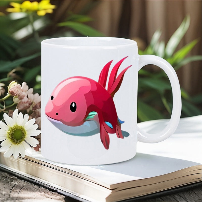 Tailorly White Ceramic 11 oz Mug - Vibrant Pink Cartoon Creature Floating With Graceful Long Red Fins On White Axolotl