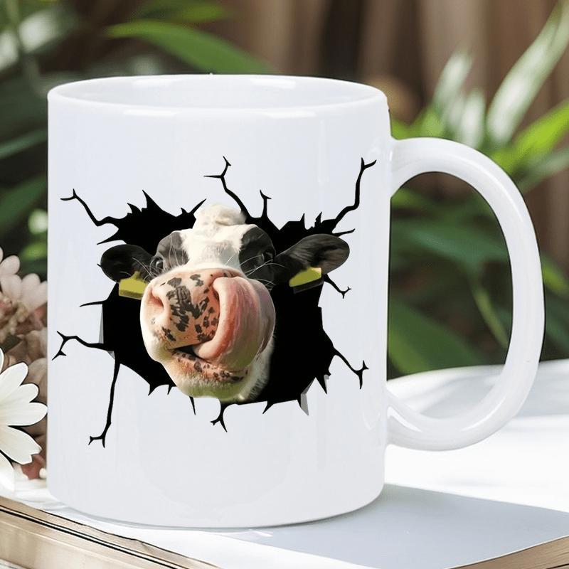 Tailorly White Ceramic 11 oz Mug - Funny Holstein Peeking Through A Black Cracked Wall Hole Surface Cow