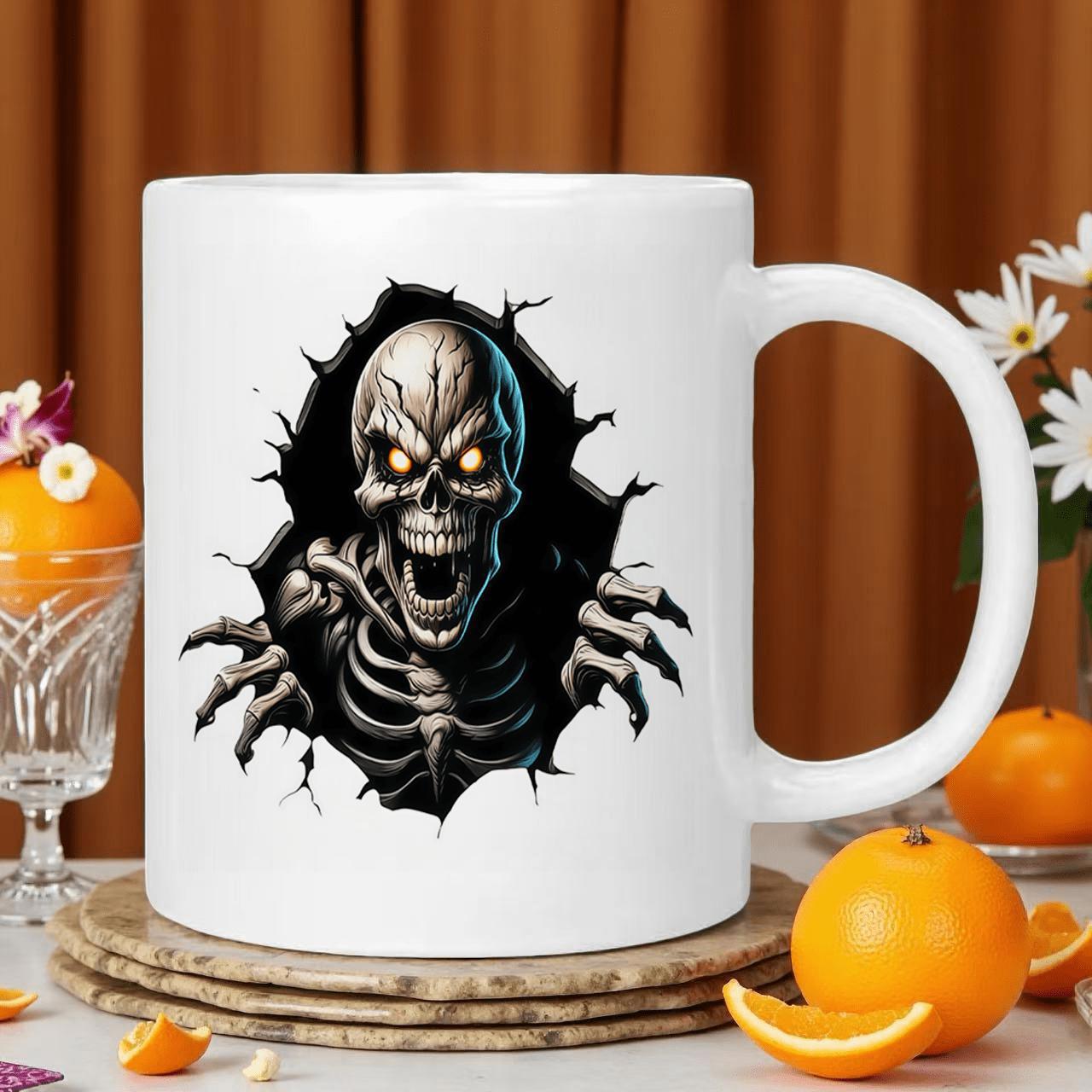 Tailorly White Ceramic 11 oz Mug - Sinister Undead Figure Breaking Through A Dark Background With Glowing Eyes Skeleton