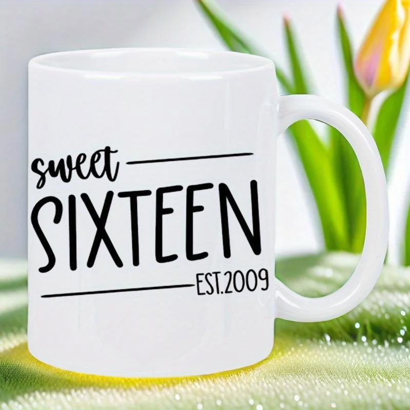 Tailorly White Ceramic 11 oz Mug - Sweet Sixteen Est 2009 Minimalist Modern Typography Style Featuring Bold Text On A Ceramic Mug
