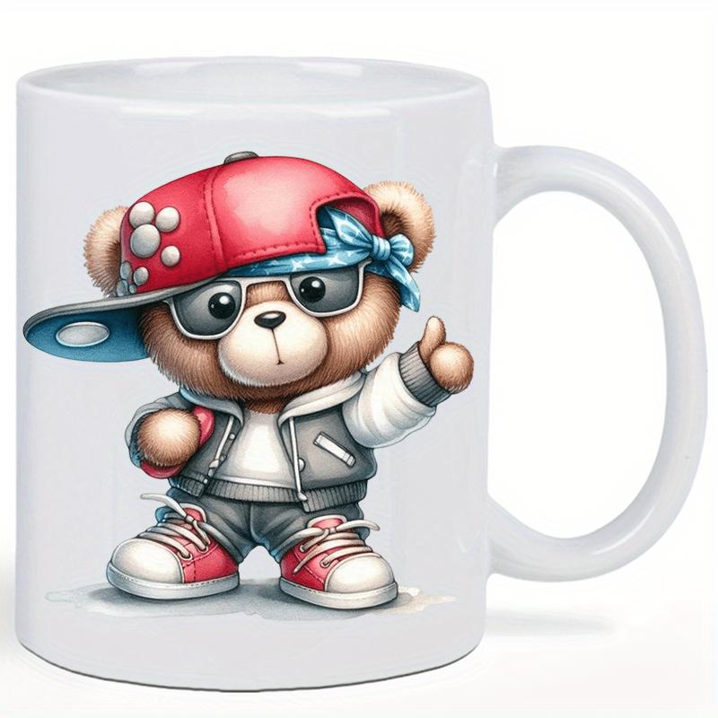 Tailorly White Ceramic 11 oz Mug - Stylish Hip Hop Character Wearing Red Cap And Sunglasses Cool Bear
