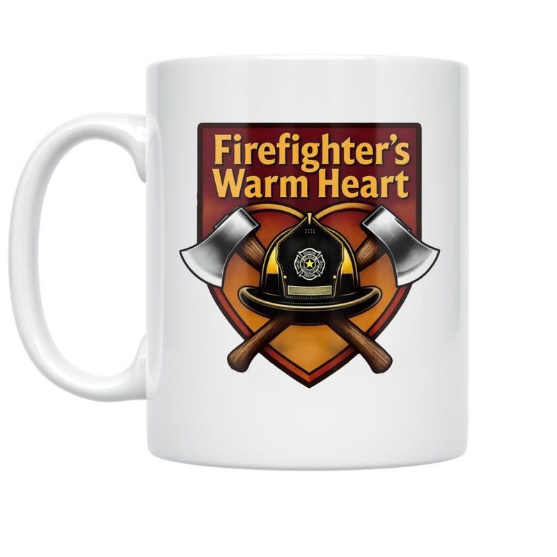 Tailorly White Ceramic 11 oz Mug - Firefighter's Warm Heart Metallic Crossed Axes Behind A Classic Helmet Inside A Glowing Heart Shield