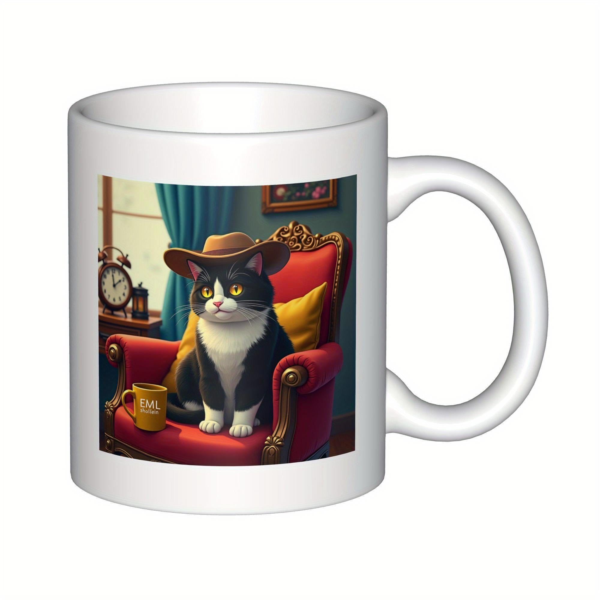 Tailorly White Ceramic 11 oz Mug - Chubby Tuxedo Wearing Brown Cowboy Hat Relaxing In Red Armchair Cat