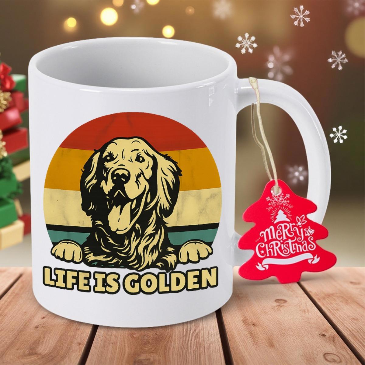 Tailorly White Ceramic 11 oz Mug - Life Is Golden Smiling Dog With Paws Peeking Over Retro Striped Sunset Golden Retriever