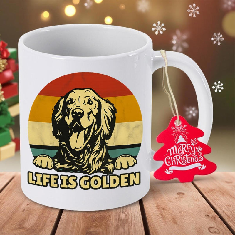 Tailorly White Ceramic 11 oz Mug - Life Is Golden Smiling Dog With Paws Peeking Over Retro Striped Sunset Golden Retriever