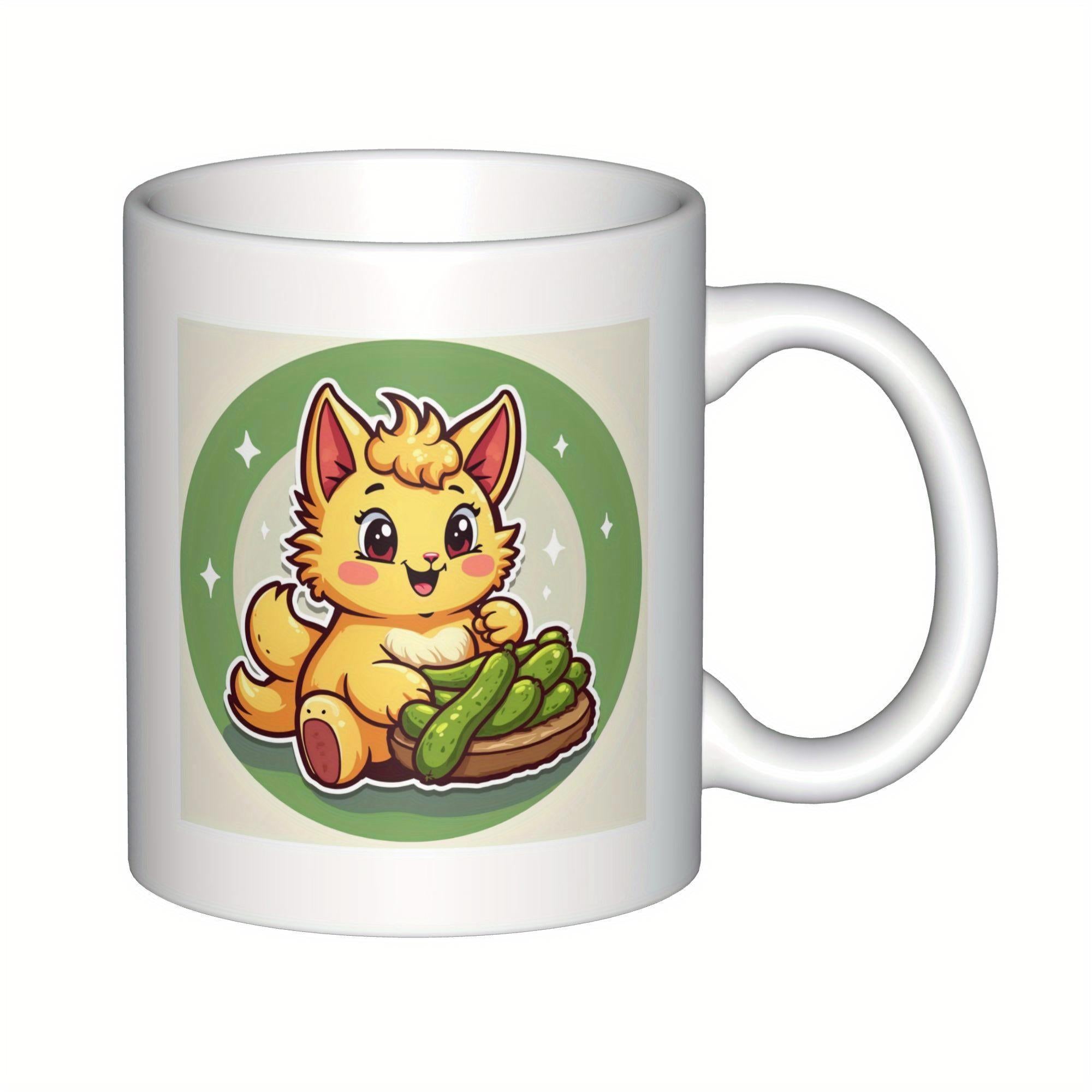 Tailorly White Ceramic 11 oz Mug - Charming Fluffy Yellow Creature Holding A Bowl Of Fresh Green Edamame Kitten