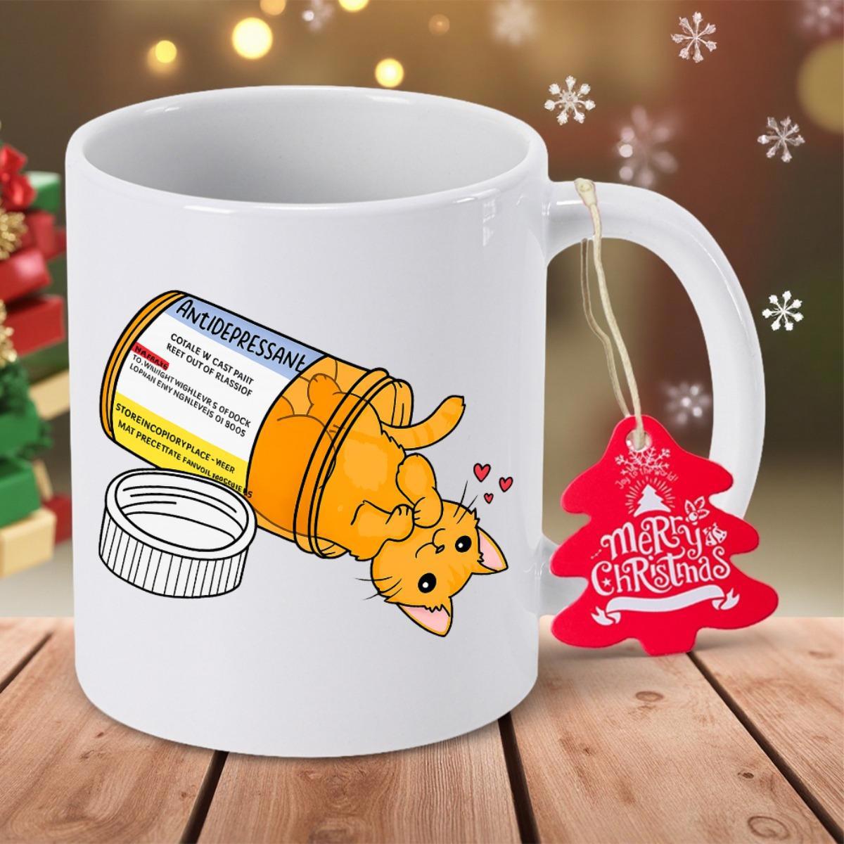 Tailorly White Ceramic 11 oz Mug - Antidepressant Merry Christmas Playful Ginger Tabby Cat Crawling From A Bright Orange Medicine Bottle Cat