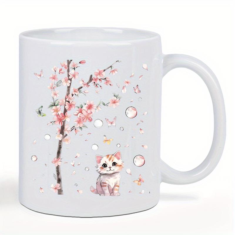 Tailorly White Ceramic 11 oz Mug - Blooming Cherry Blossom Branch With Bubbles Floating Near Cute Watercolor Cat