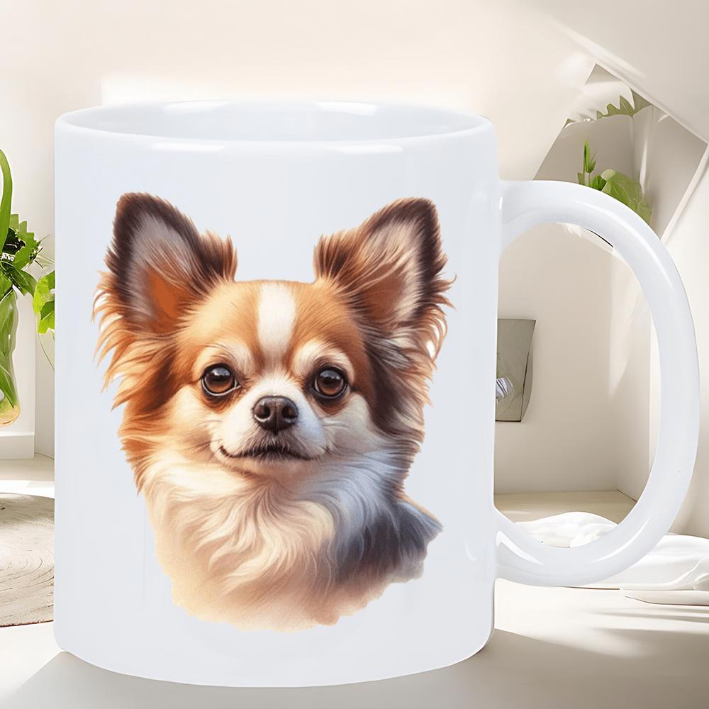 Tailorly White Ceramic 11 oz Mug - Adorable Realistic Long Haired Tan And White Dog Head Featuring Expressive Eyes Chihuahua