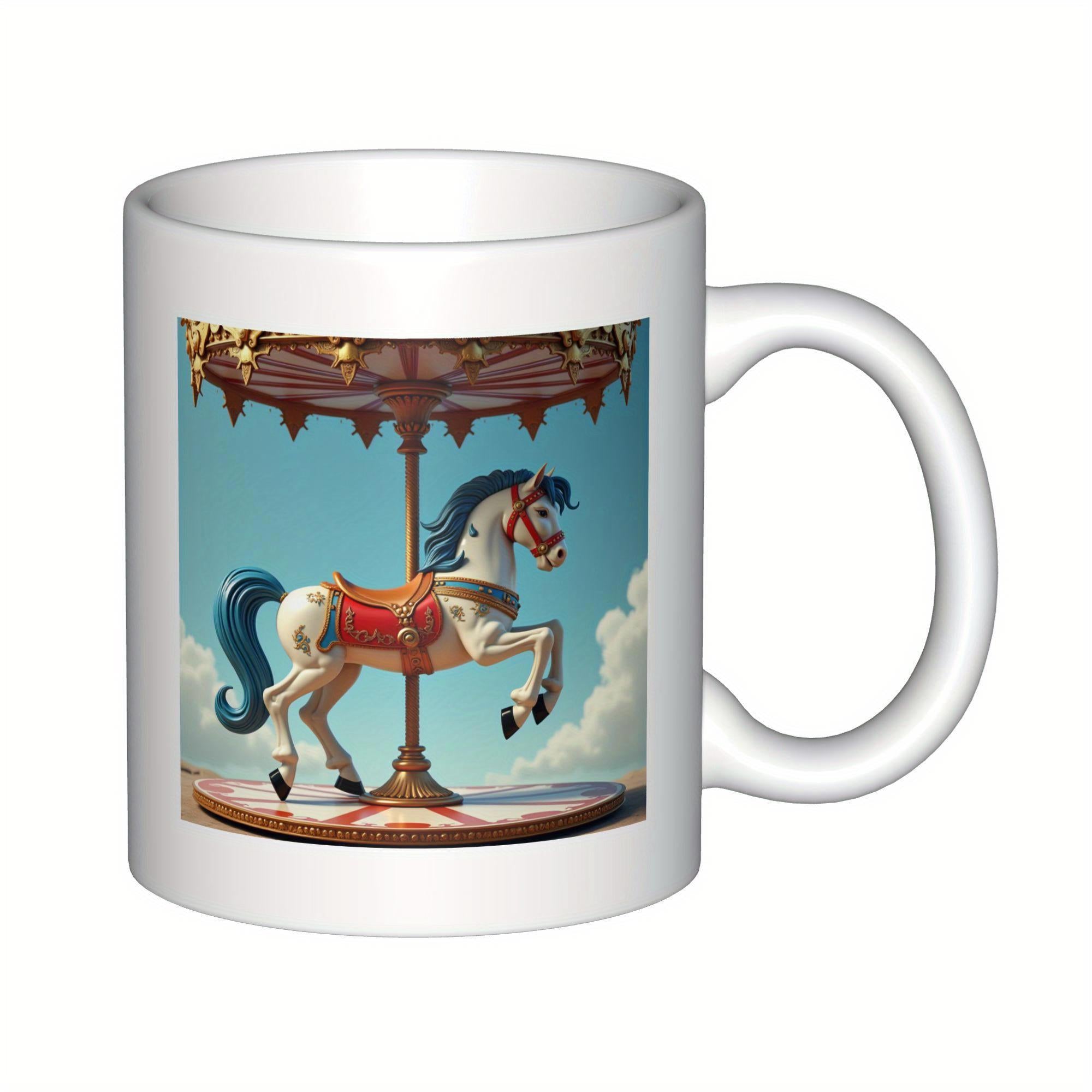 Tailorly White Ceramic 11 oz Mug - Vintage Wooden Painted Steed Moving Under Ornate Canopy Against Cloudy Sky Carousel Horse
