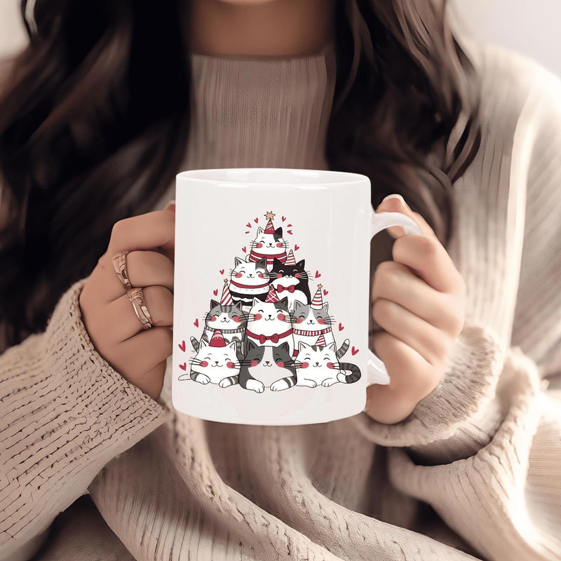 Tailorly White Ceramic 11 oz Mug - Adorable Cartoon Kittens Arranged Like A Festive Christmas Tree With Hearts Cats
