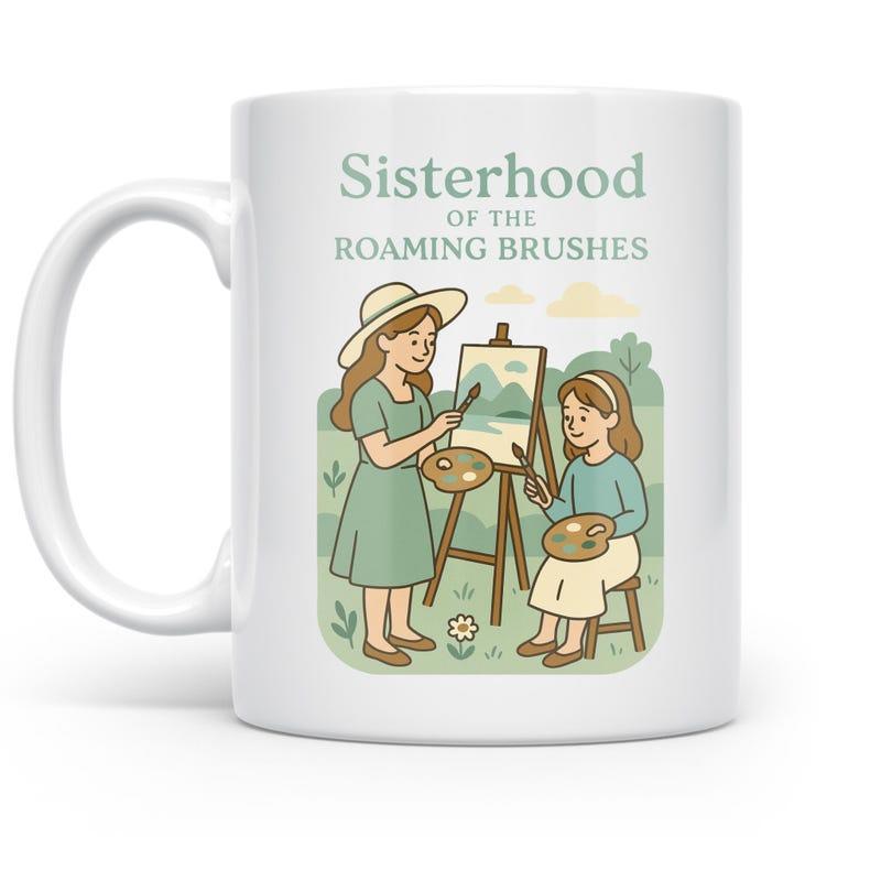 Tailorly White Ceramic 11 oz Mug - Sisterhood Of The Roaming Brushes Two Young Girls Painting In A Sunny Garden With An Easel Painter