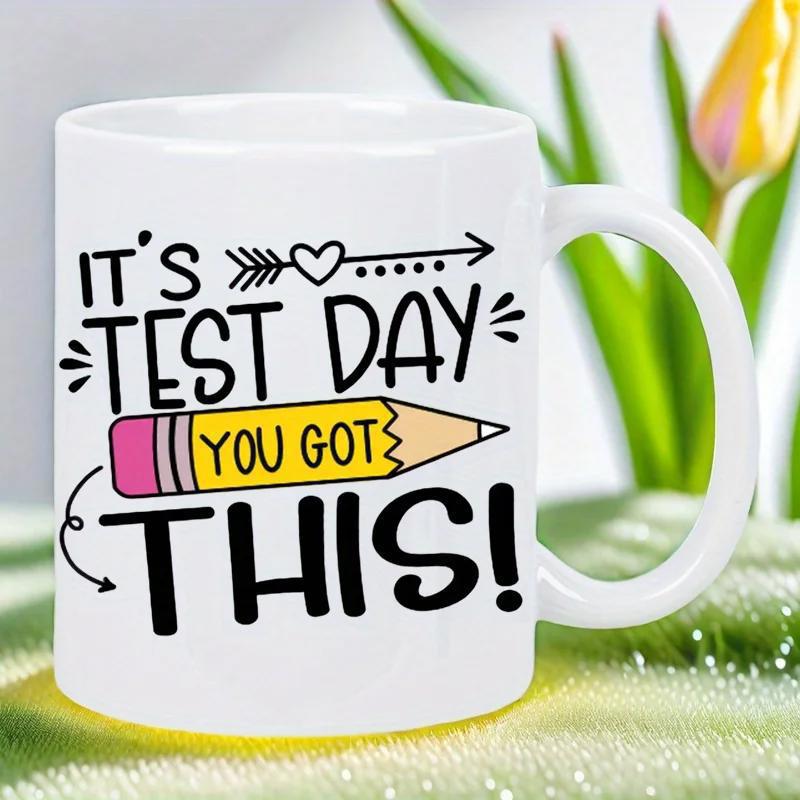 Tailorly White Ceramic 11 oz Mug - Its Test Day You Got This Sharp Yellow Educational Pencil Featuring Pink Eraser And Heart Arrow Pencil