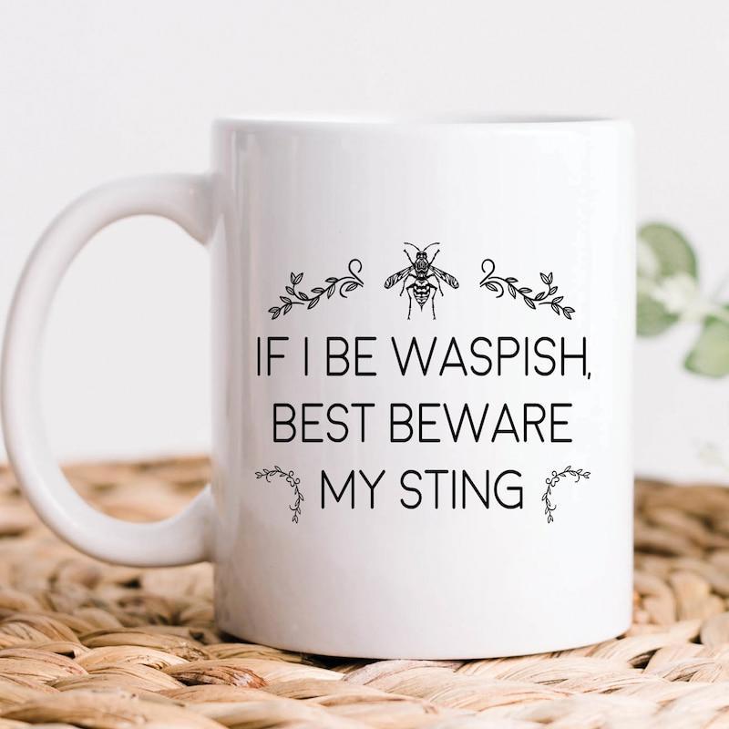 Tailorly White Ceramic 11 oz Mug - If I Be Waspish Best Beware My Sting Minimalist Line Art Insect With Symmetrical Delicate Botanical Garden Foliage Wasp