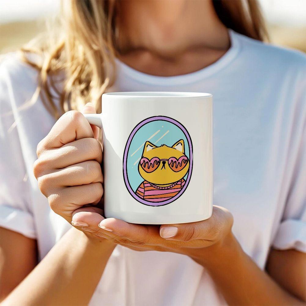 Tailorly White Ceramic 11 oz Mug - Retro Cartoon Character Wearing Heart Shaped Sunglasses Within A Simple Oval Frame Cat