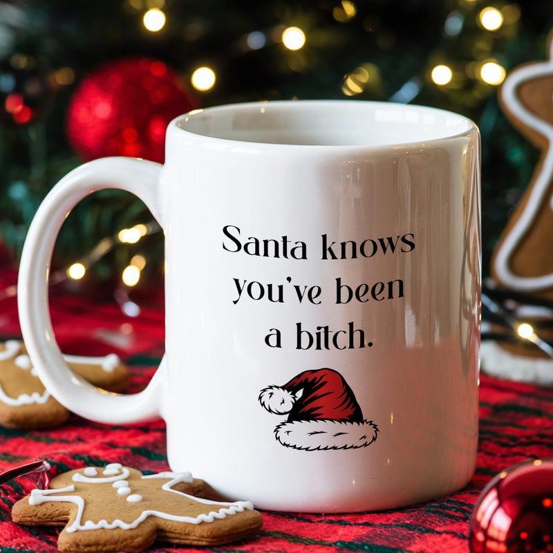 Tailorly White Ceramic 11 oz Mug - Santa Knows Youve Been A Bitch Red Christmas Apparel With White Fur Trim And Fluffy Pom Pom Hat