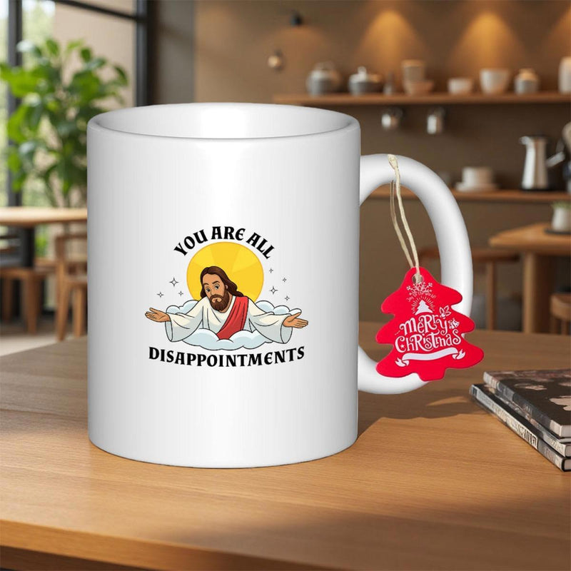 Tailorly White Ceramic 11 oz Mug - You Are All Disappointments Hand Drawn Religious Character Resting On White Clouds Under Glowing Sun Jesus