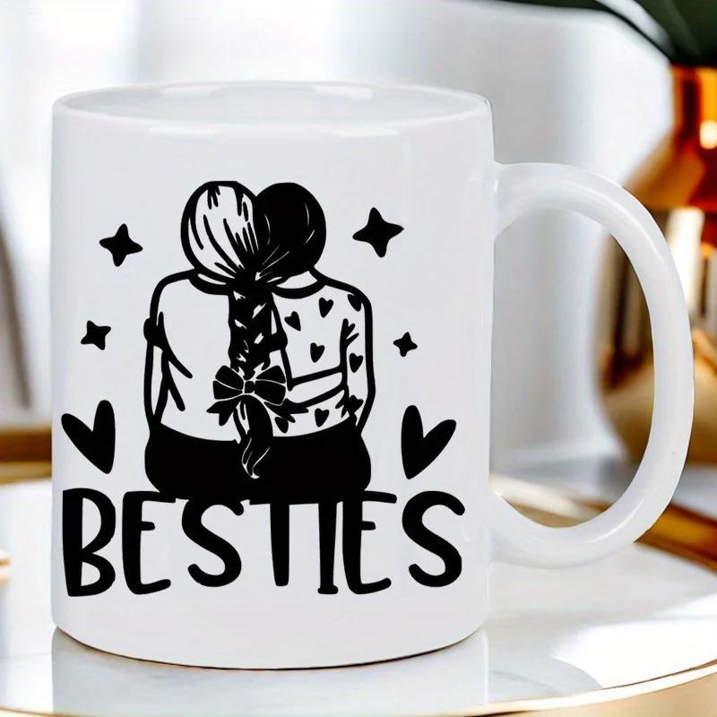 Tailorly White Ceramic 11 oz Mug - Besties Minimalist Silhouette Of Two Close Friends Surrounded By Hearts And Stars Besties