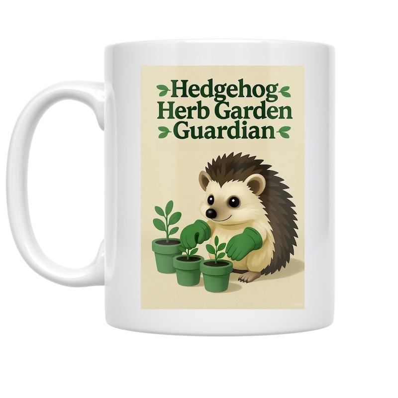 Tailorly White Ceramic 11 oz Mug - Hedgehog Herb Garden Guardian Whimsical Forest Creature Tending To Potted Green Plants In Small Garden Hedgehog