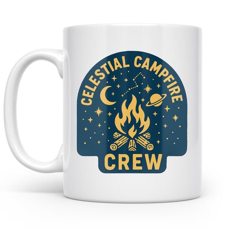 Tailorly White Ceramic 11 oz Mug - Celestial Campfire Crew Glowing Embers Burning Under Starlit Night With Crescent Moon And Saturn Campfire