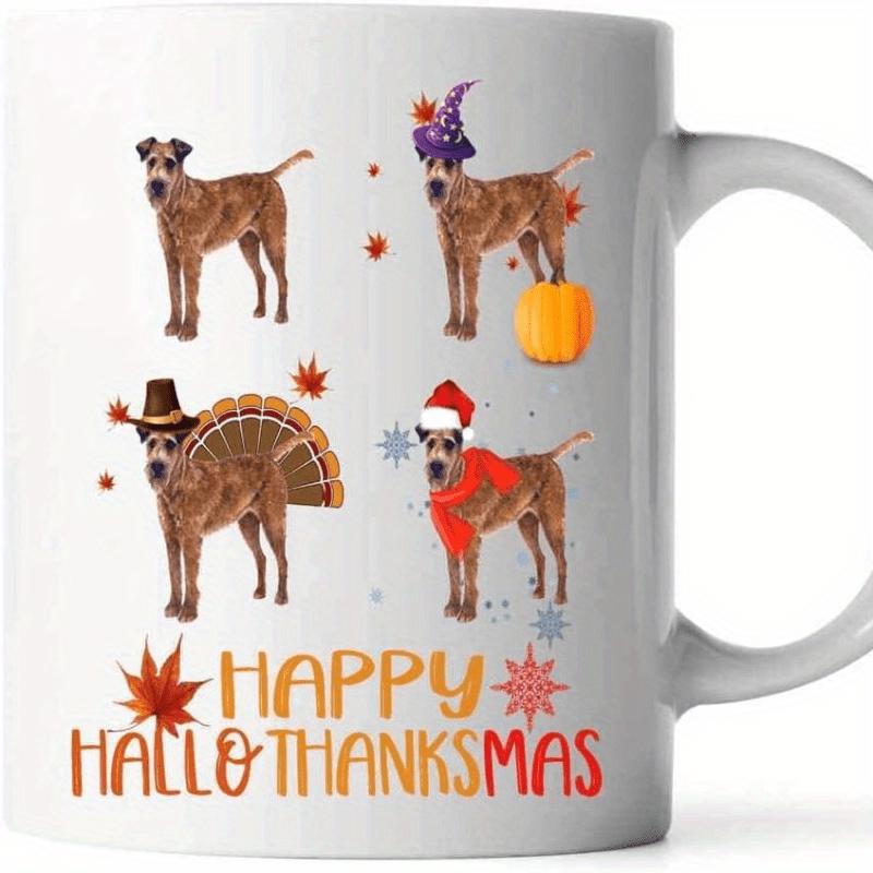 Tailorly White Ceramic 11 oz Mug - Happy Hallothanksmas Four Festive Irish Terriers Dressed In Seasonal Holiday Costumes Dog