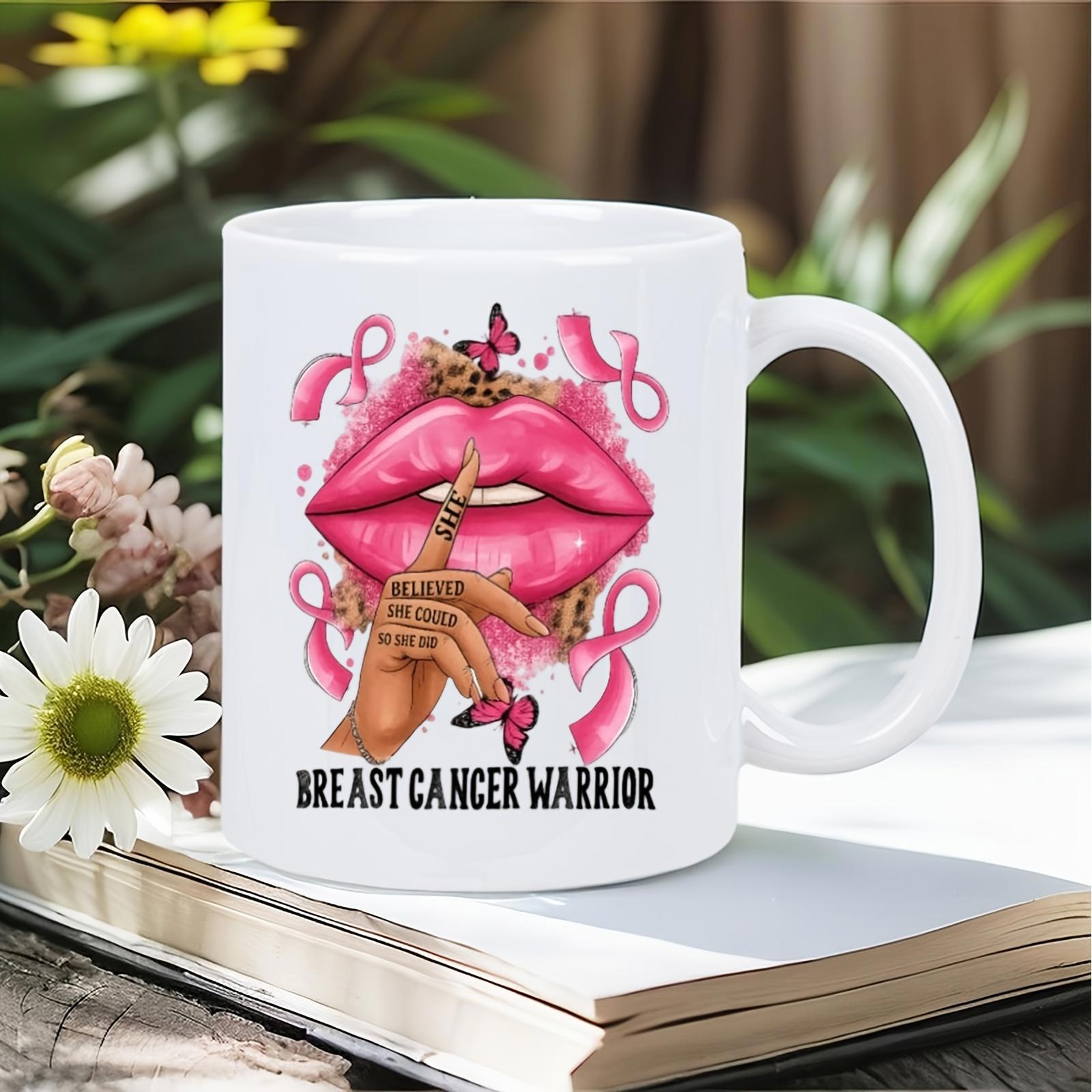 Tailorly White Ceramic 11 oz Mug - Breast Cancer Warrior Vibrant Pink Lips With Awareness Ribbons And Butterflies Featuring Leopard Pattern Lips