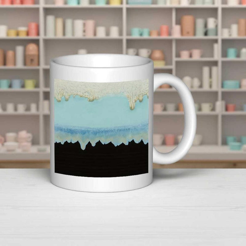 Tailorly White Ceramic 11 oz Mug - Abstract Mountains With Blue Skies And Dripping Paint Over Black Silhouette Landscape