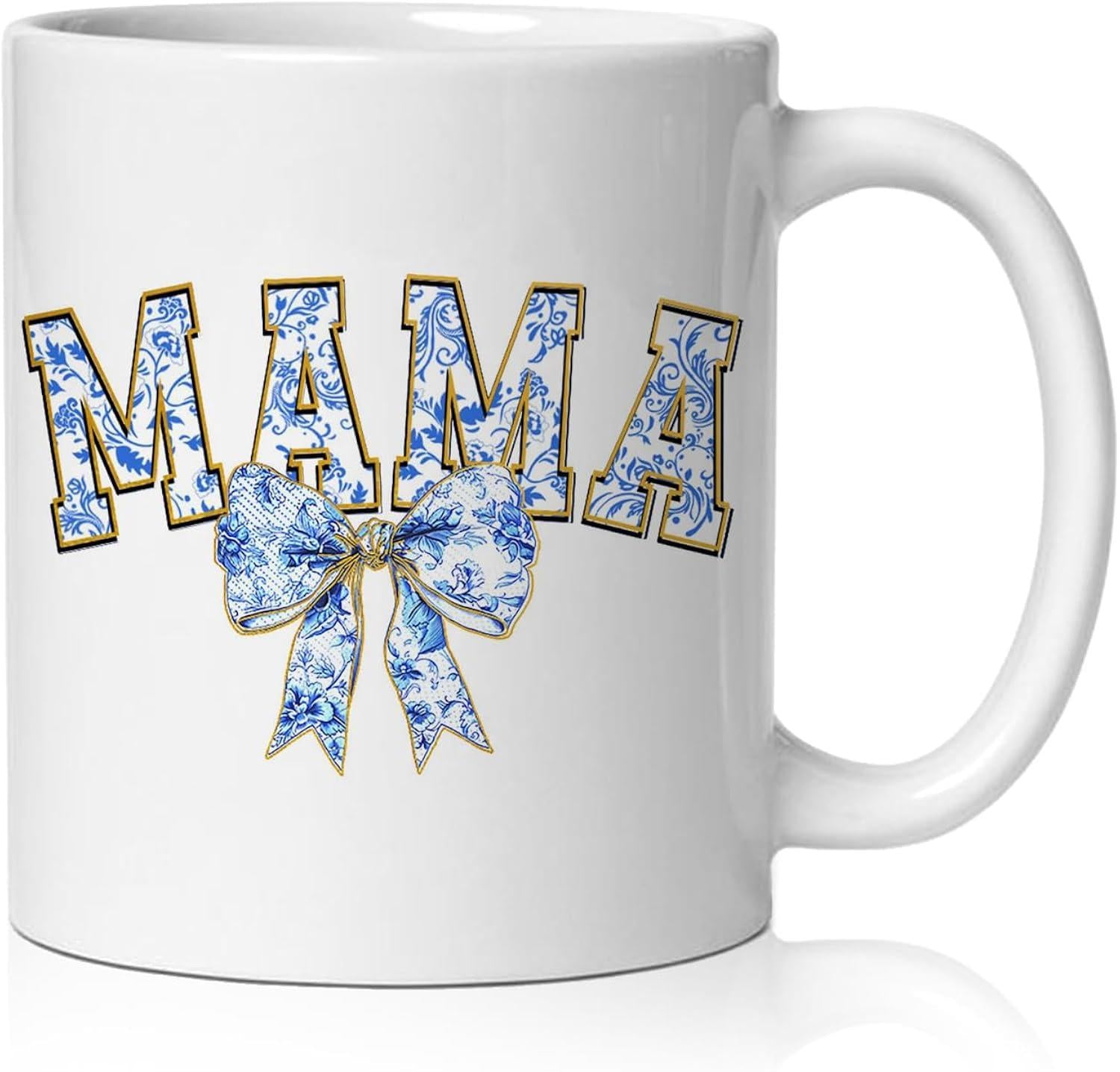 Tailorly White Ceramic 11 oz Mug - Mama Elegant Blue Floral Coquette Bow With Golden Outlines Adorning Decorative Classic Lettering