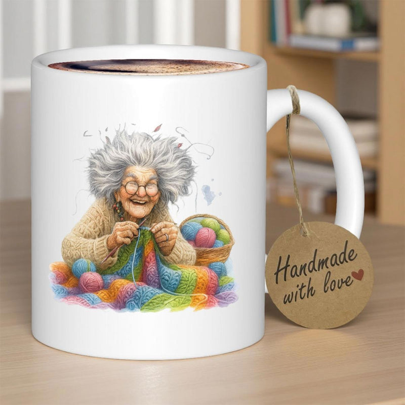 Tailorly White Ceramic 11 oz Mug - Handmade With Love Happy Elderly Woman Knitting With Colorful Soft Rainbow Yarn Wool Grandmother