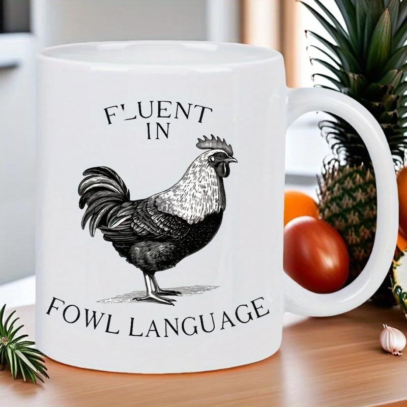 Tailorly White Ceramic 11 oz Mug - Fluent In Fowl Language Detailed Vintage Sketch Of A Proud Farmyard Bird Standing Tall Rooster